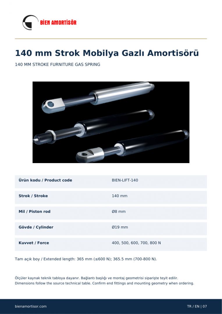 140 mm Strok Mobilya Gazlı Amortisörü